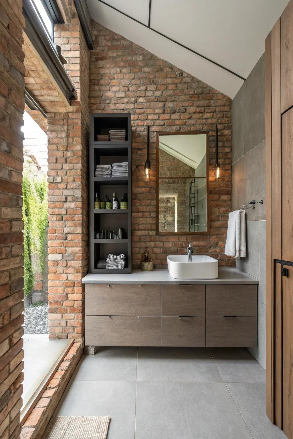 Innovative storage solutions maximize space in brick-walled bathrooms.