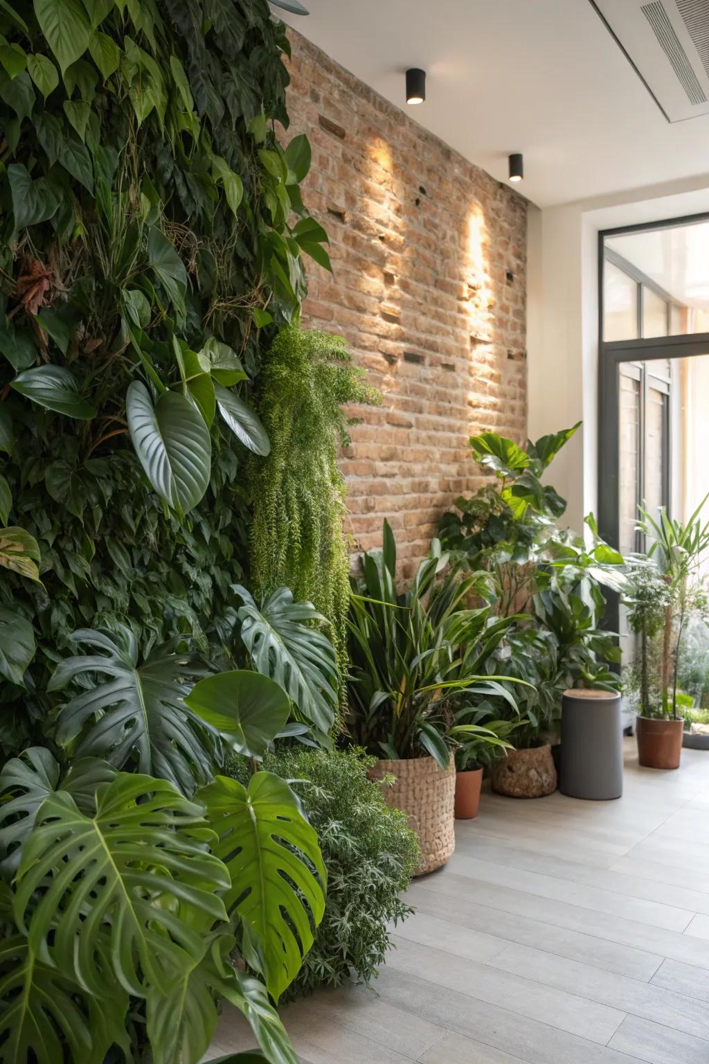 Greenery adds natural color and texture to the rustic brick wall.