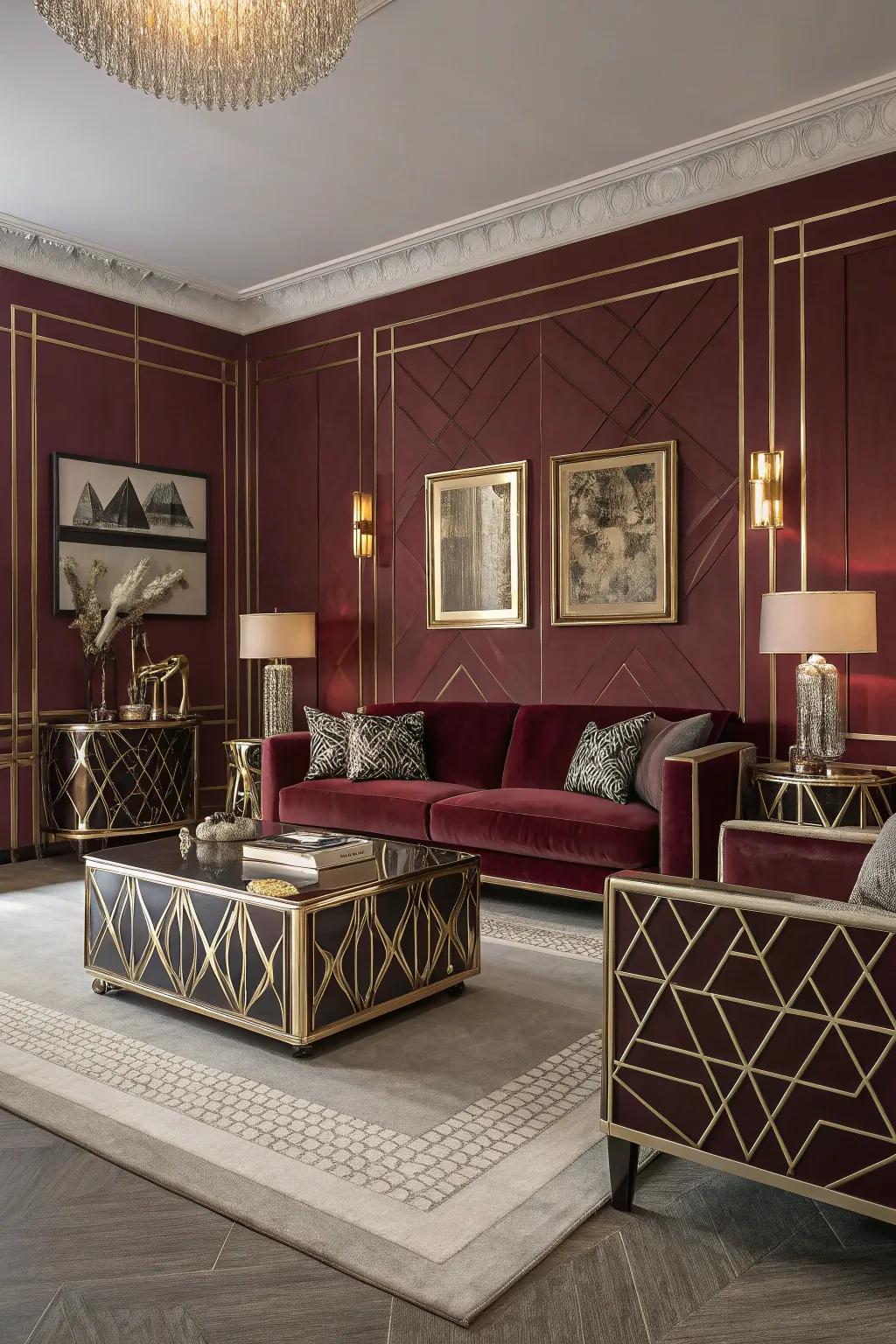 Art Deco flair with burgundy creates a glamorous and stylish living room.