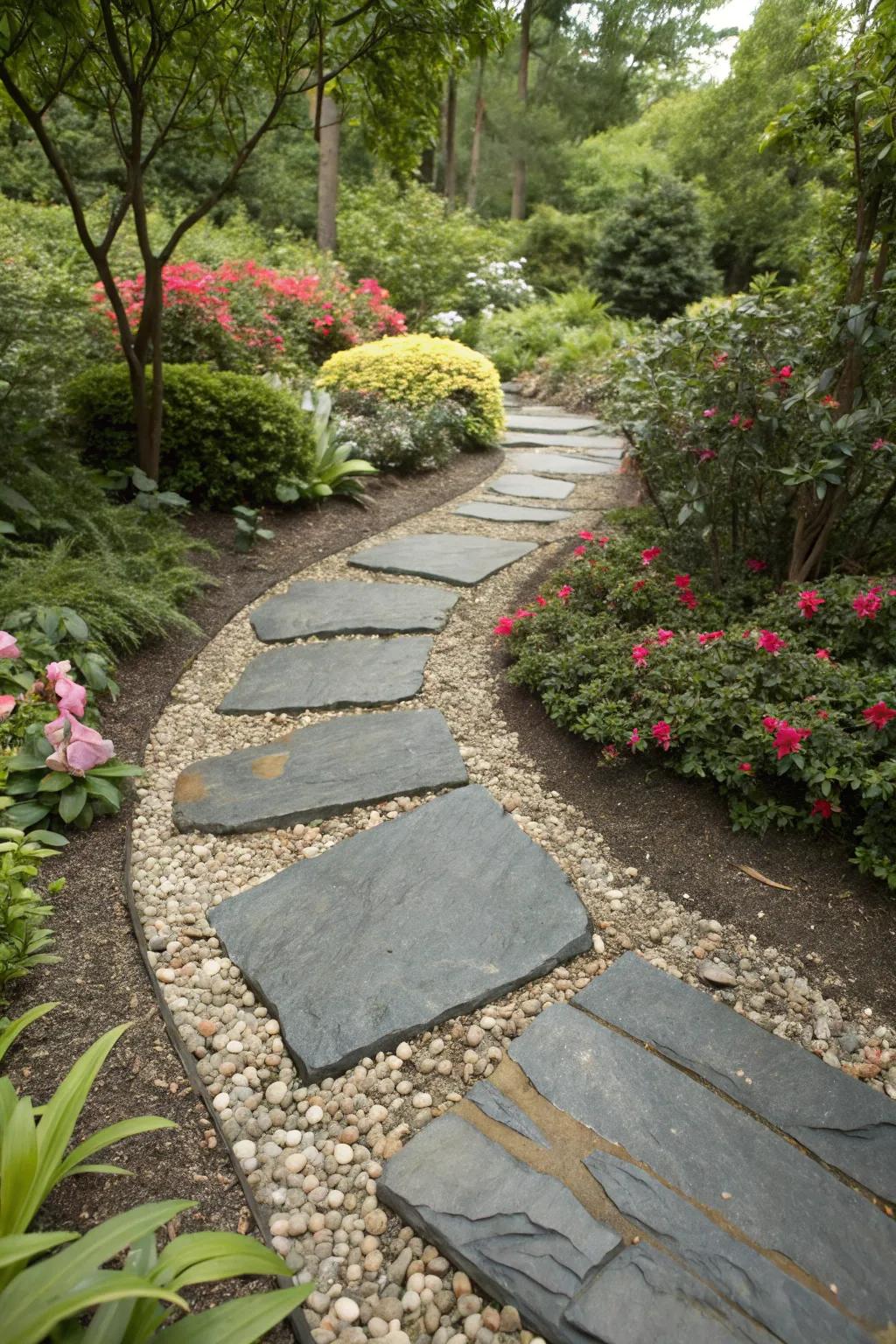 Slate and gravel create an elegant, durable garden path.