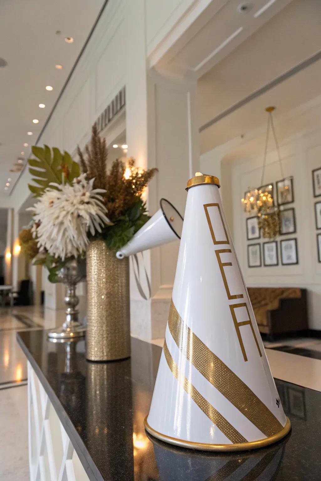 Metallic accents add a chic and glamorous touch to your cheer megaphone.