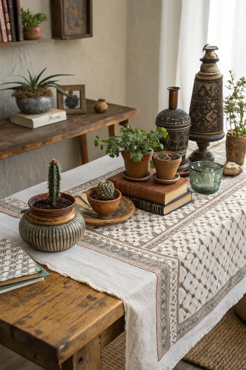 Eclectic mix with a patterned cheesecloth runner.