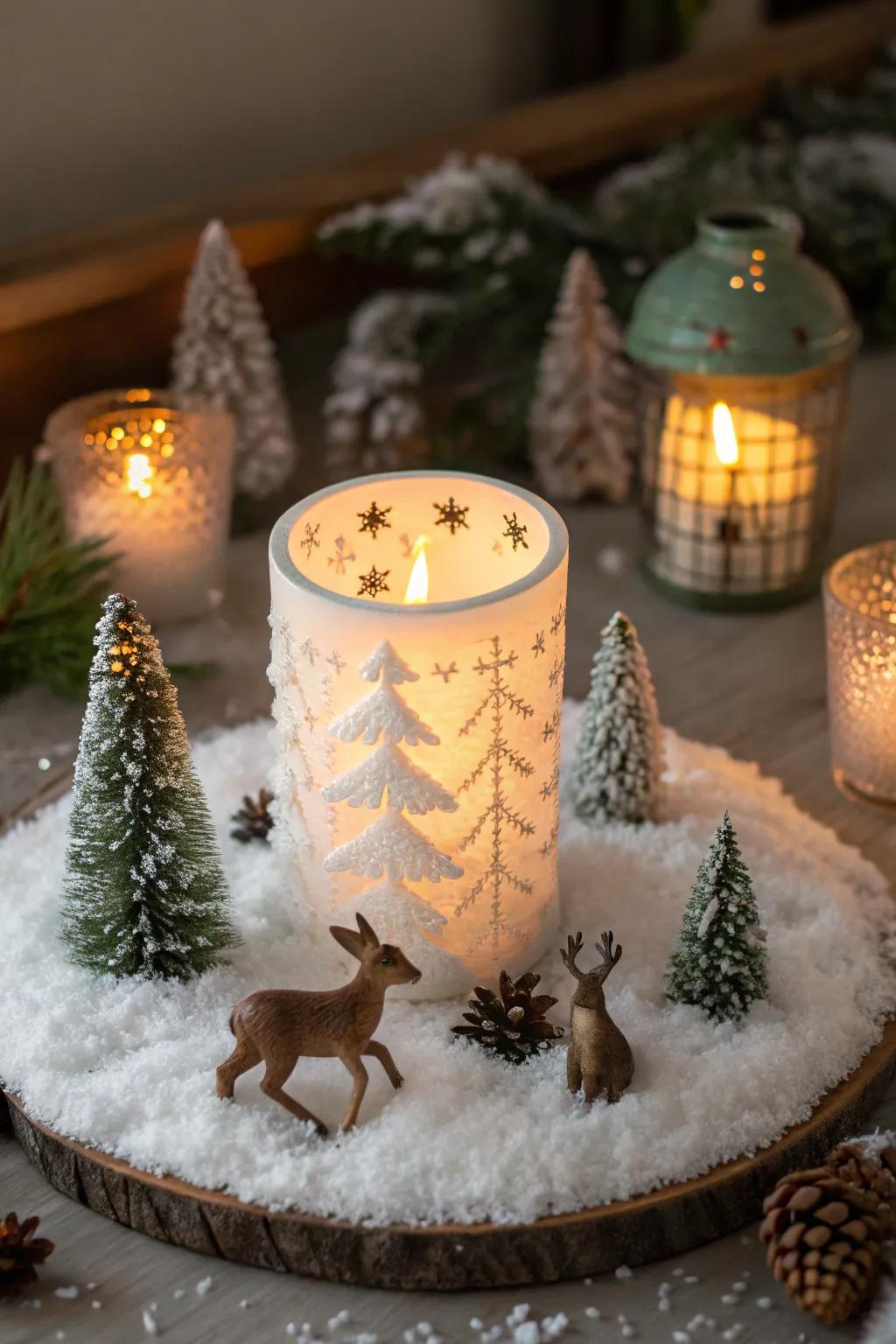 Craft a whimsical winter forest with this enchanting hurricane centerpiece.