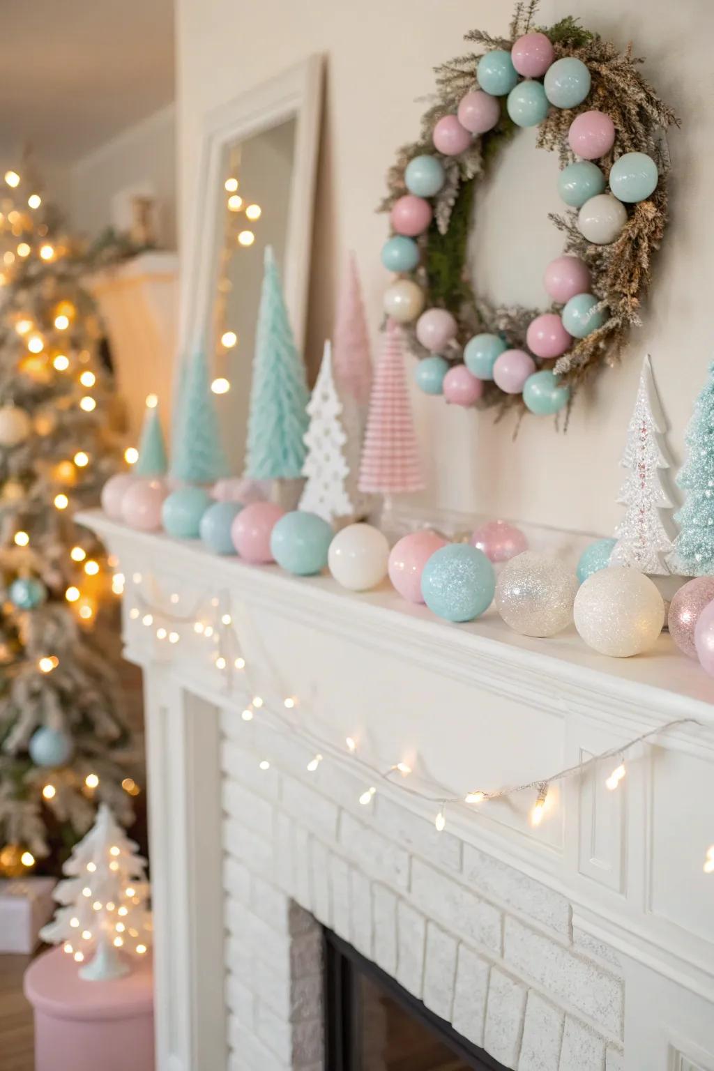 A sweet pastel Christmas mantel.