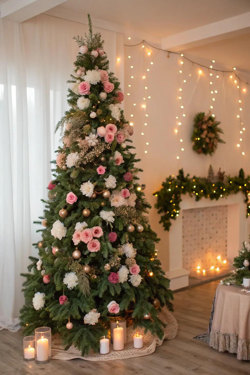 A romantic Christmas tree with floral garlands