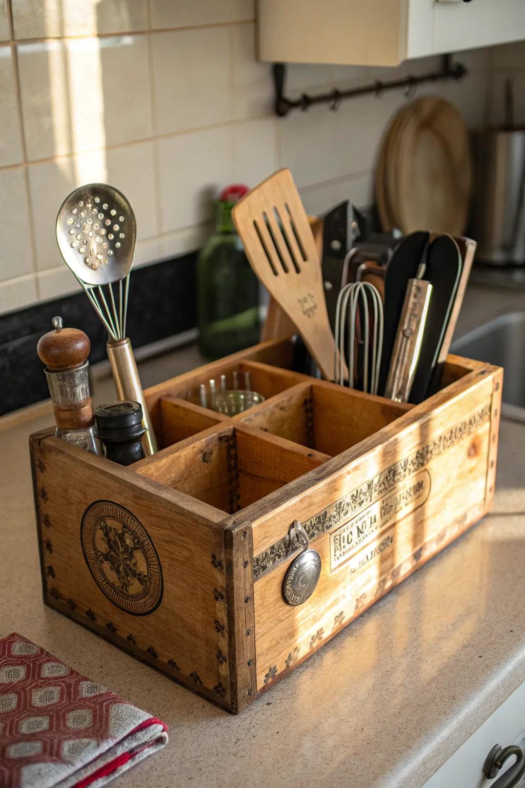 A rustic kitchen utensil holder from a cigar box keeps your tools organized.