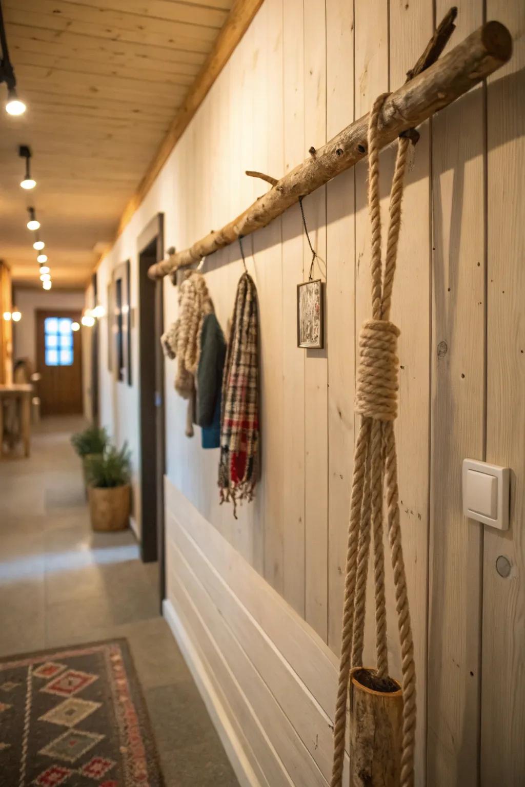 A branch and twine hanger adding a rustic charm to a hallway.