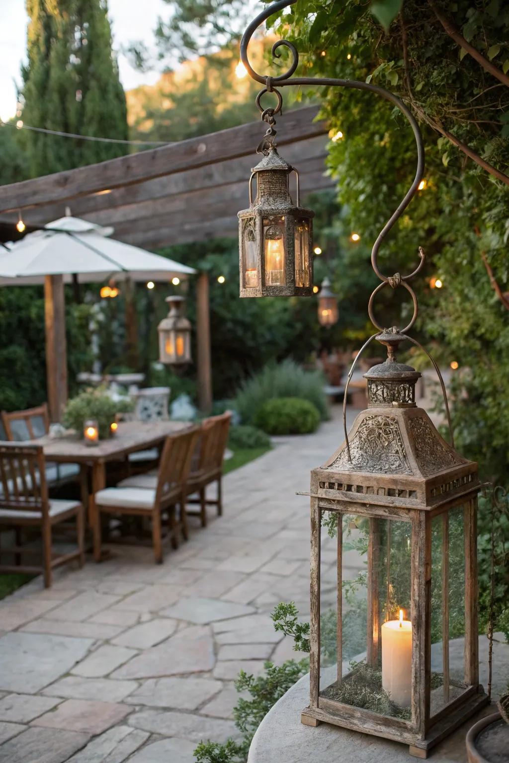 Weathered metal lanterns add vintage coastal charm to any setting.