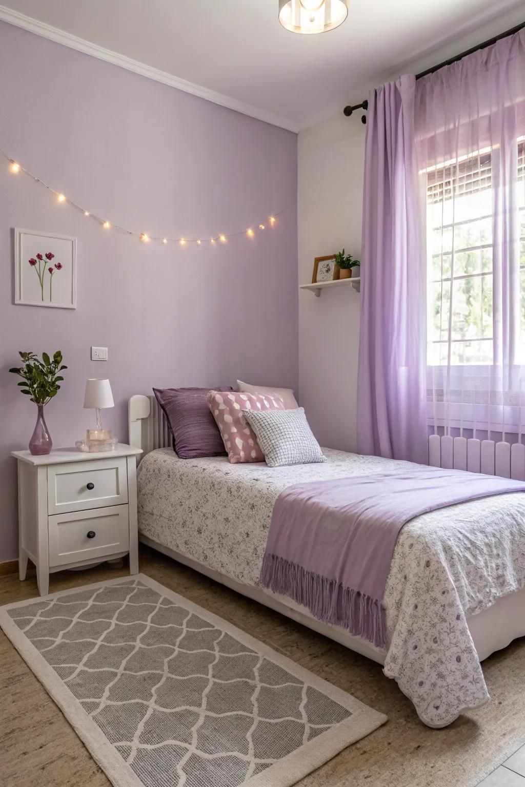 A calming bedroom featuring soft lavender hues.