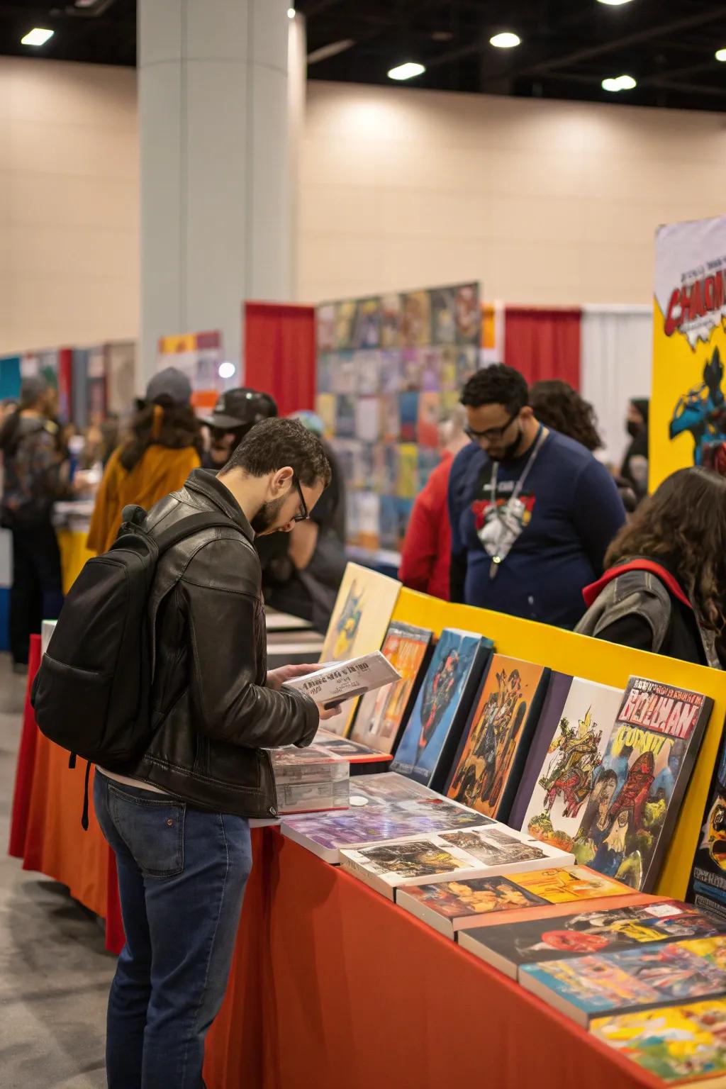 Display stands highlight special comics for events and gatherings.