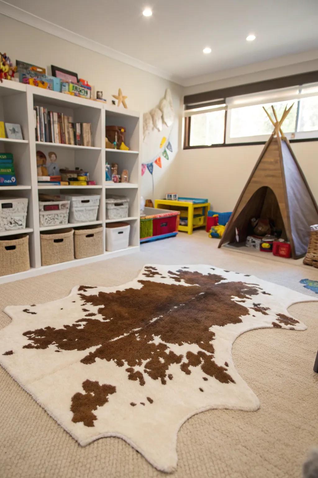 A cowhide rug adds durability and style to playrooms.