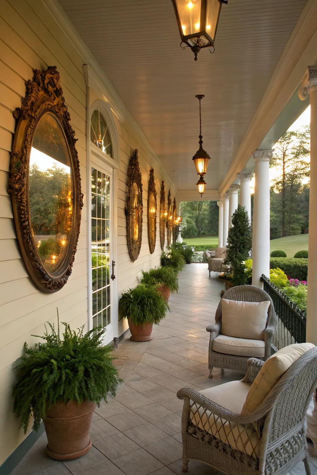 Mirrors enhance the sense of space and elegance on a porch.