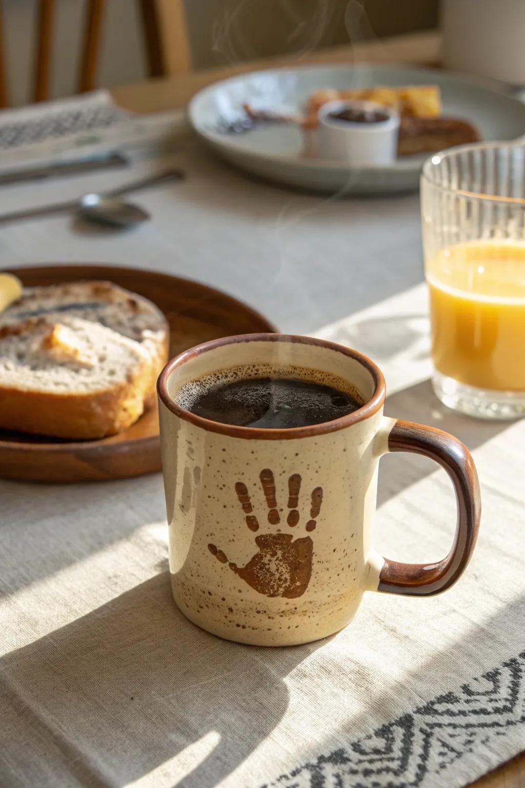 A personalized handprint mug, a daily reminder of love and creativity.