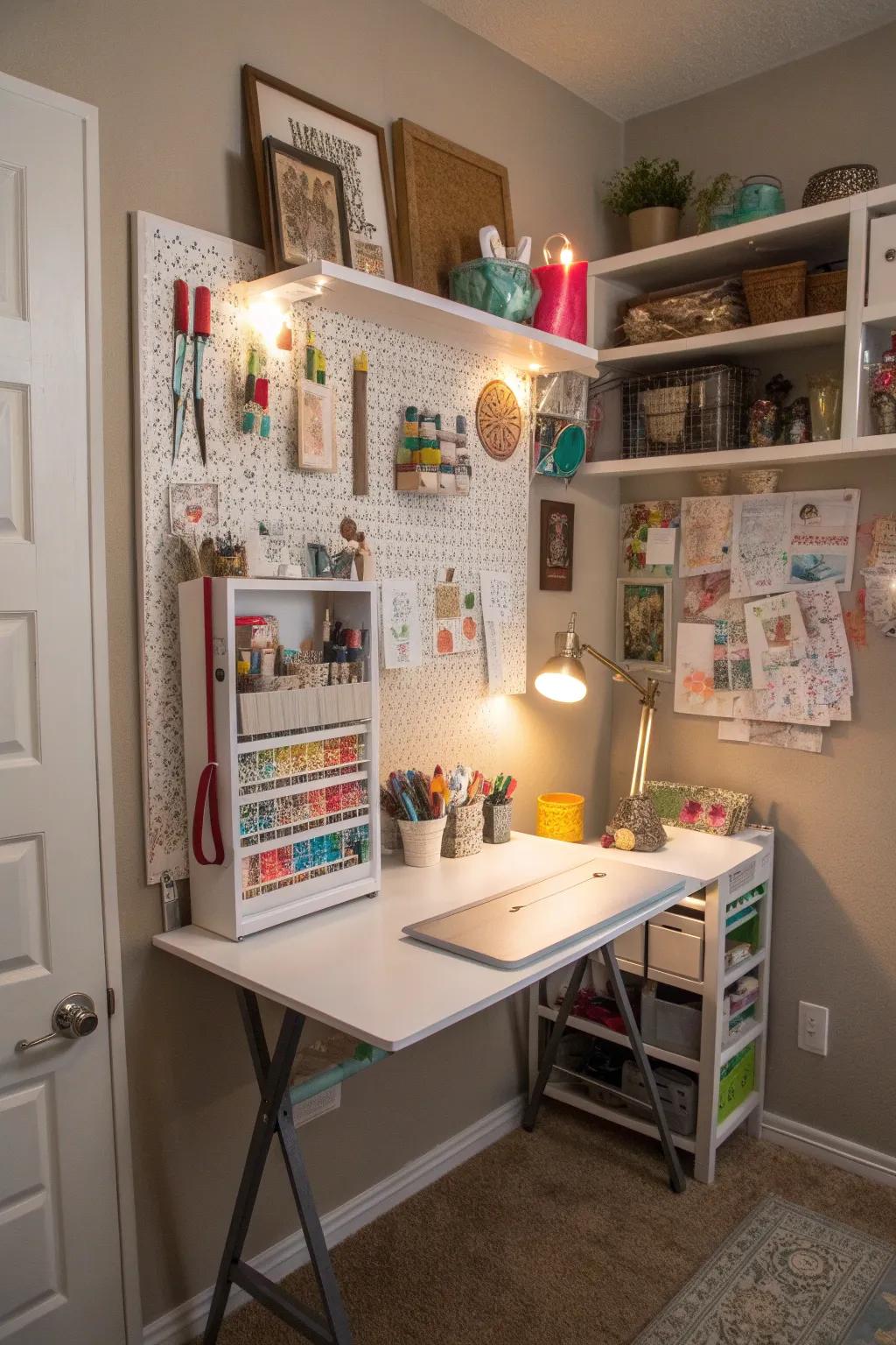 A fold-down work table provides extra workspace when needed.