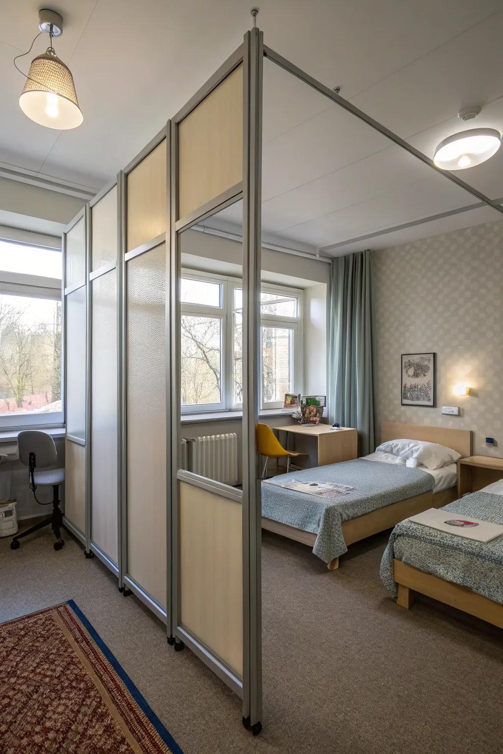 Movable partitions offer flexibility and adaptability in a shared bedroom.