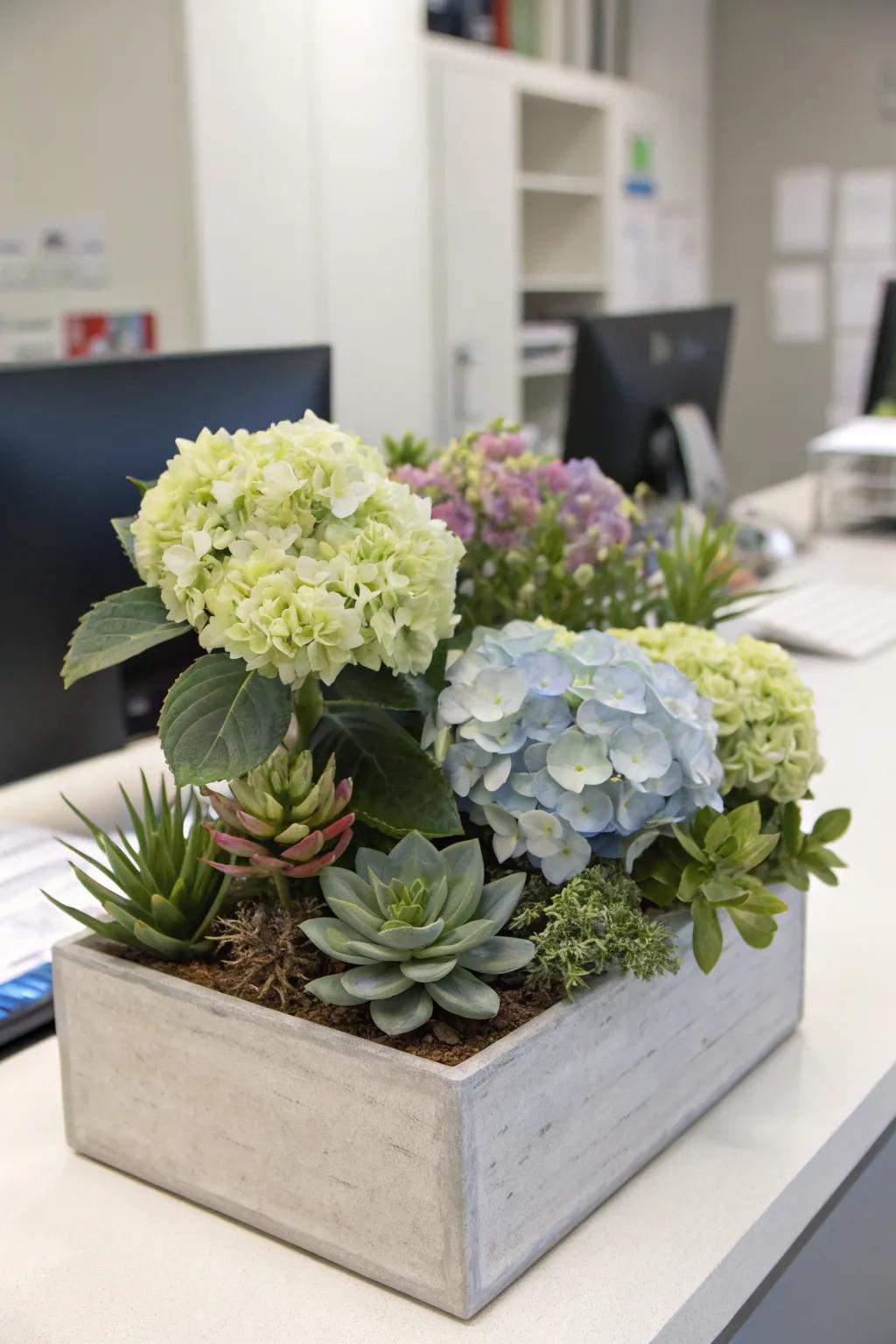 Hydrangeas and succulents offer a modern, eclectic vibe.