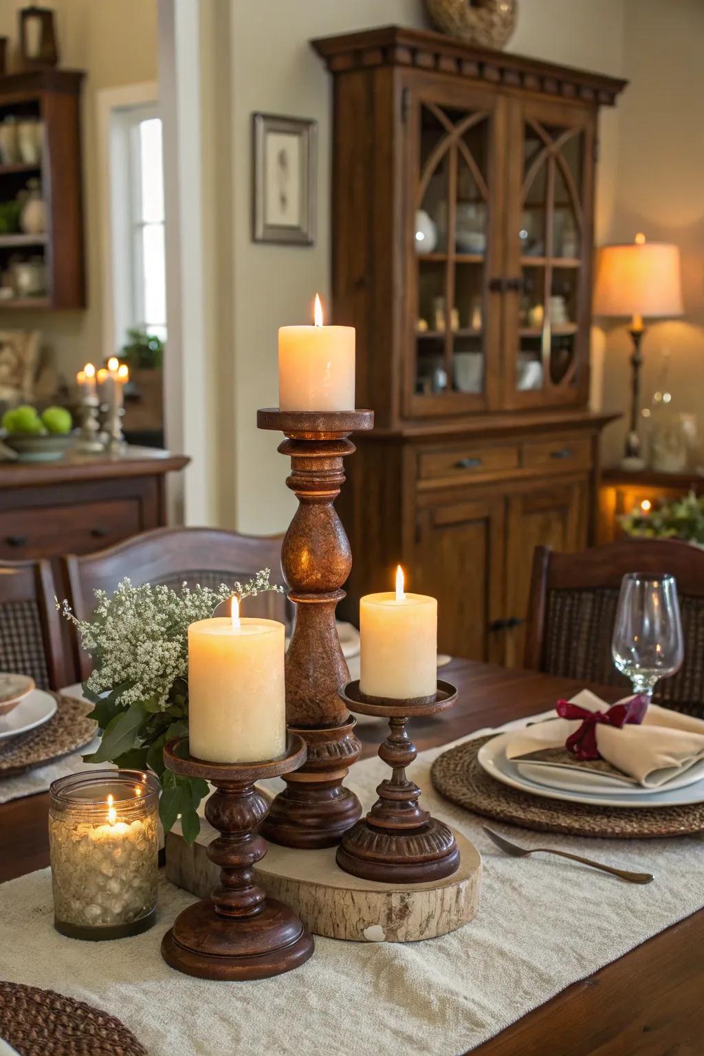 Layered candle holders add warmth and depth.