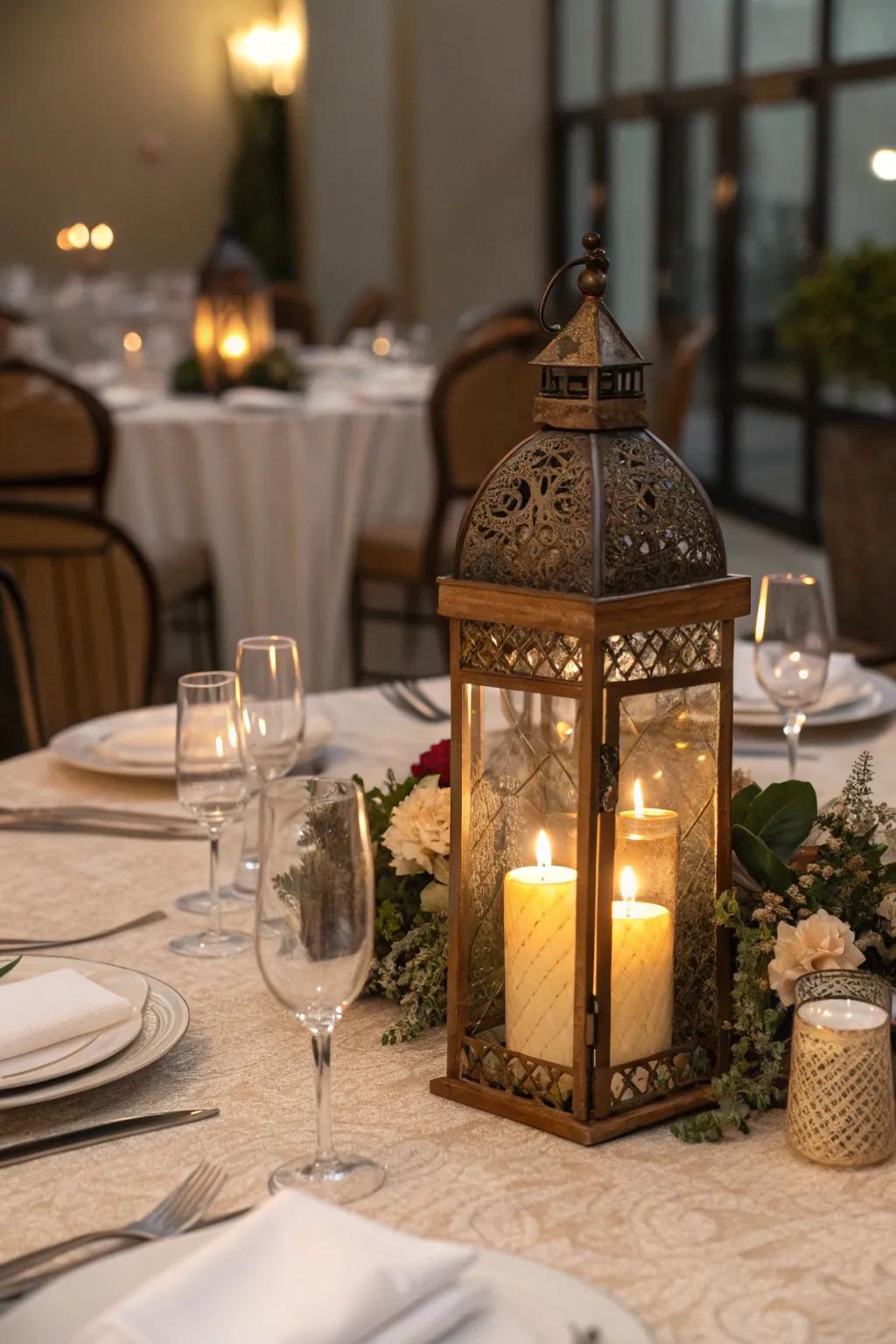 A sophisticated centerpiece featuring elegant candle lanterns, adding warmth and charm to the table.