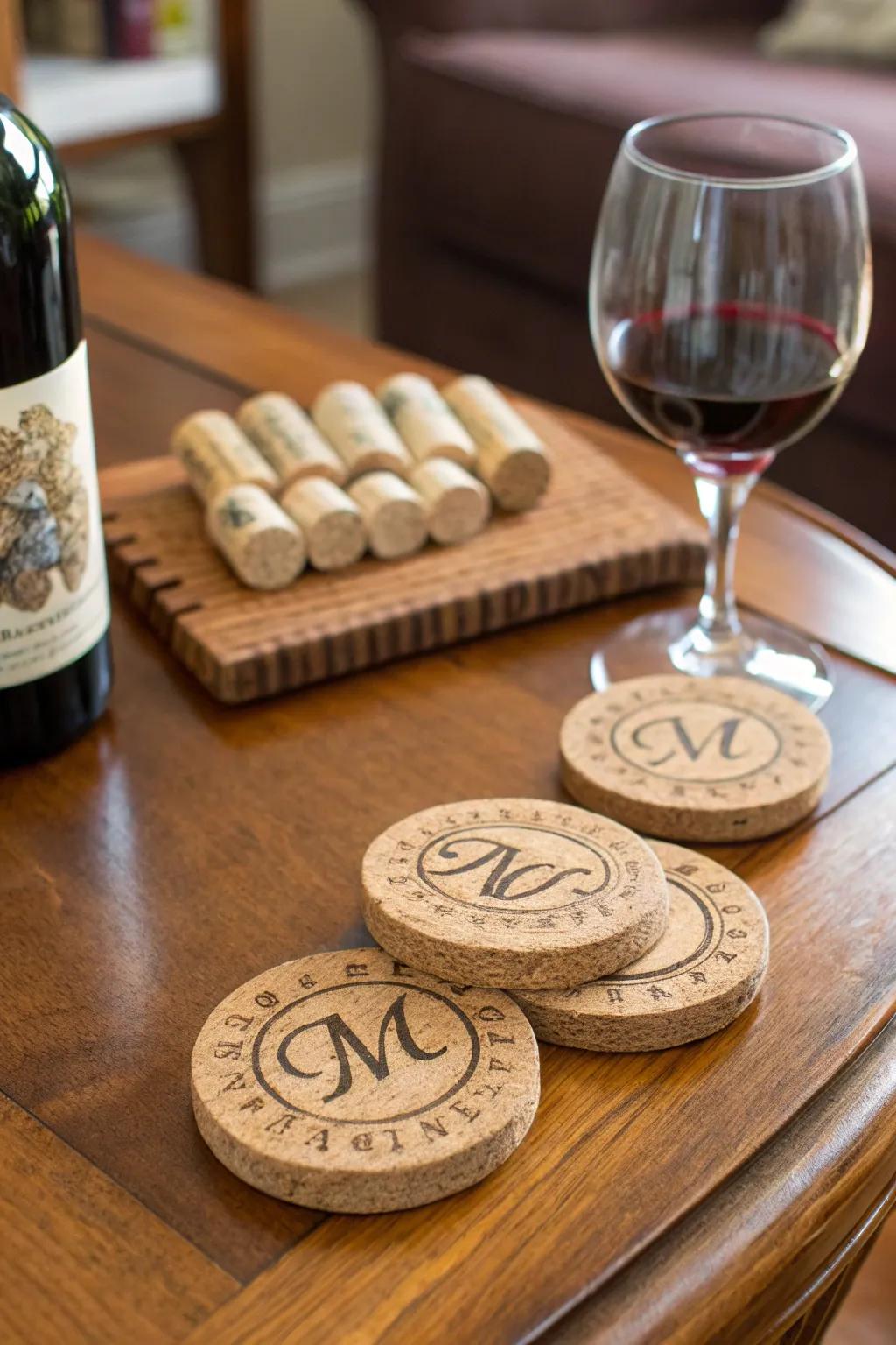 Wine cork coasters with a personal touch of elegance.