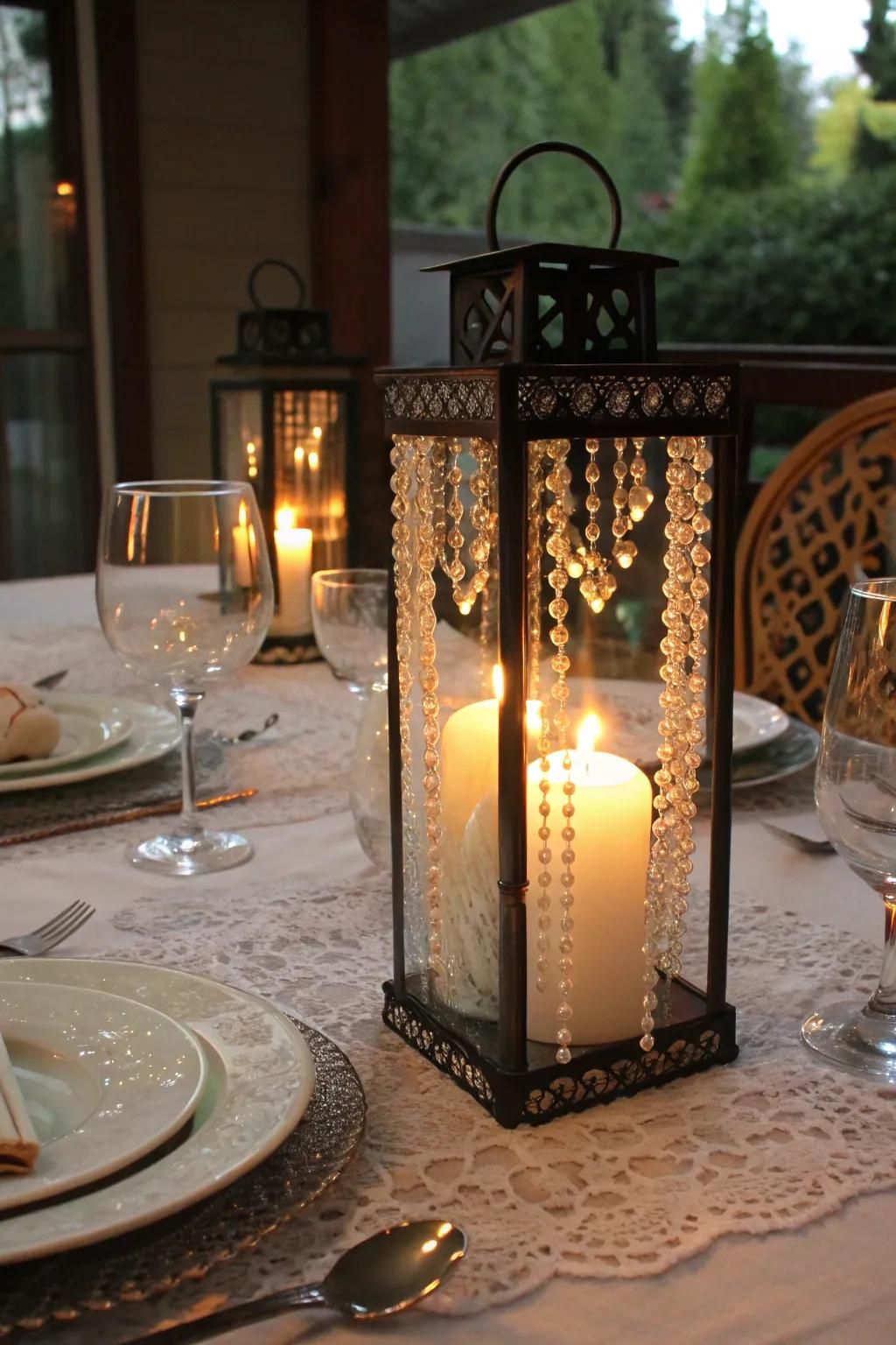 Candle holder lanterns add elegance and charm to table settings.