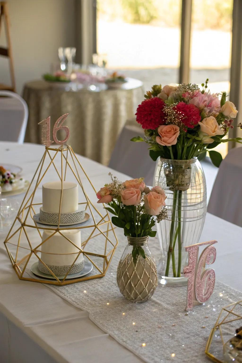 Geometric shapes create a chic and modern centerpiece.