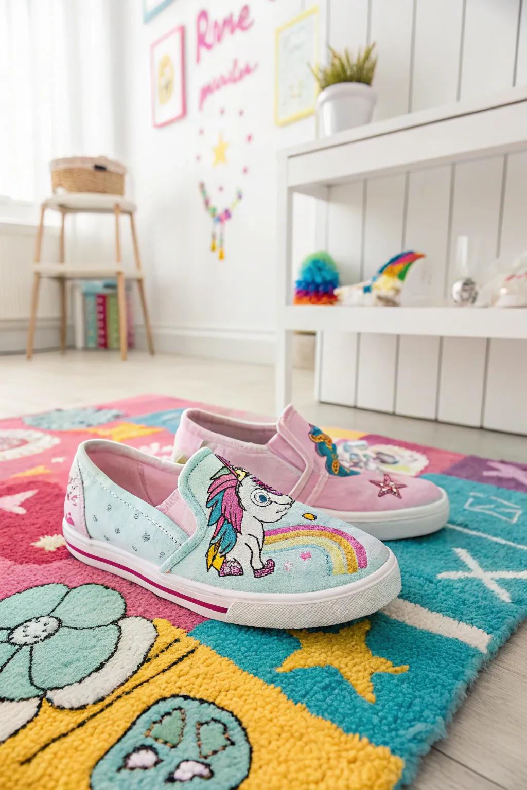 Walk on the wild side with unicorn-painted shoes.