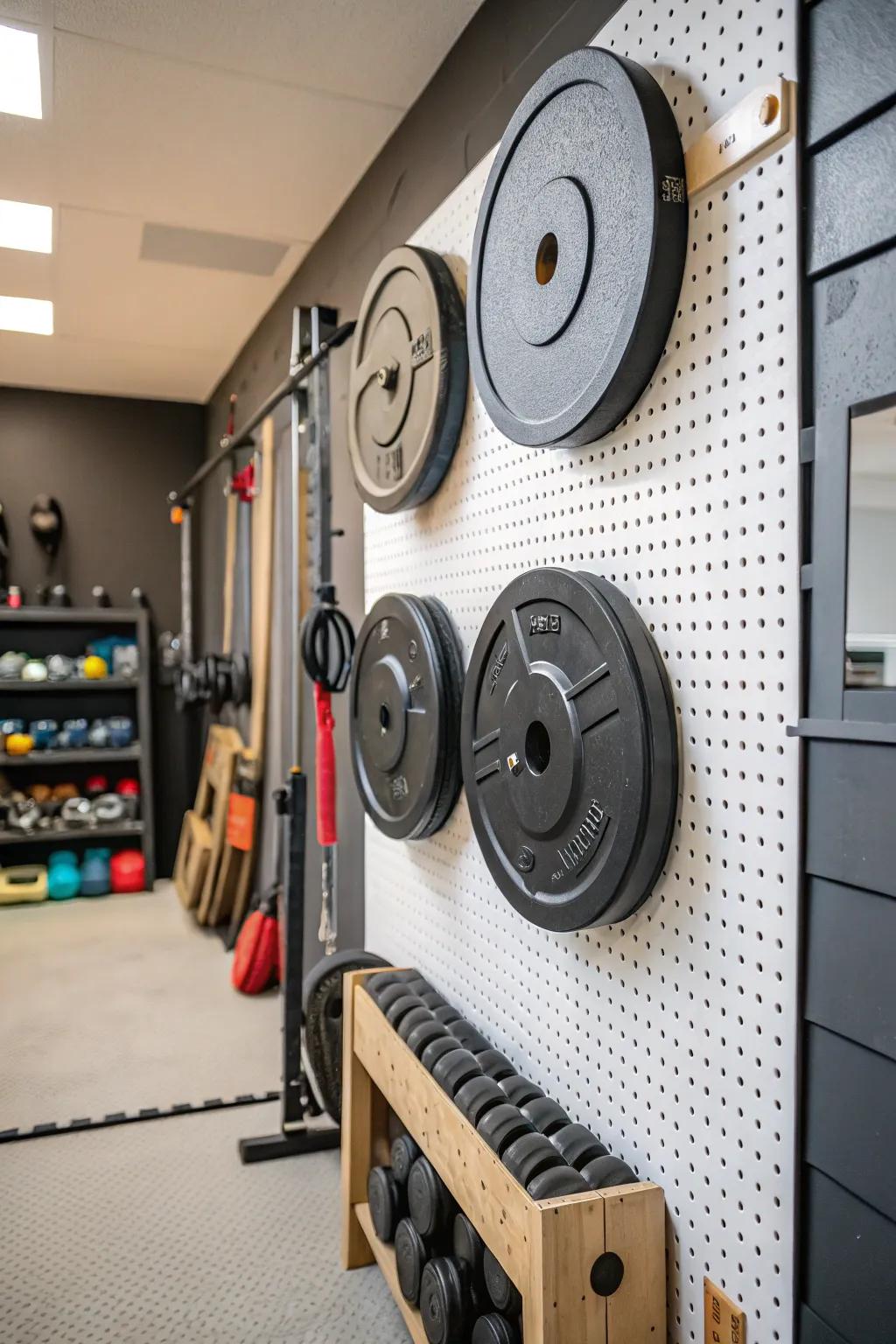 A pegboard wall offers customizable and modern storage.