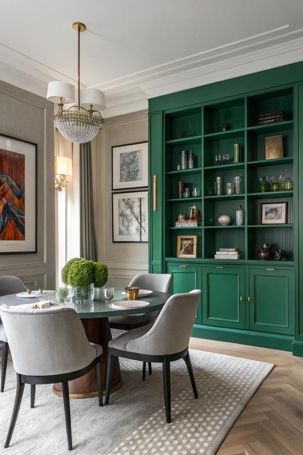 Emerald green built-ins add functionality and style to dining rooms.