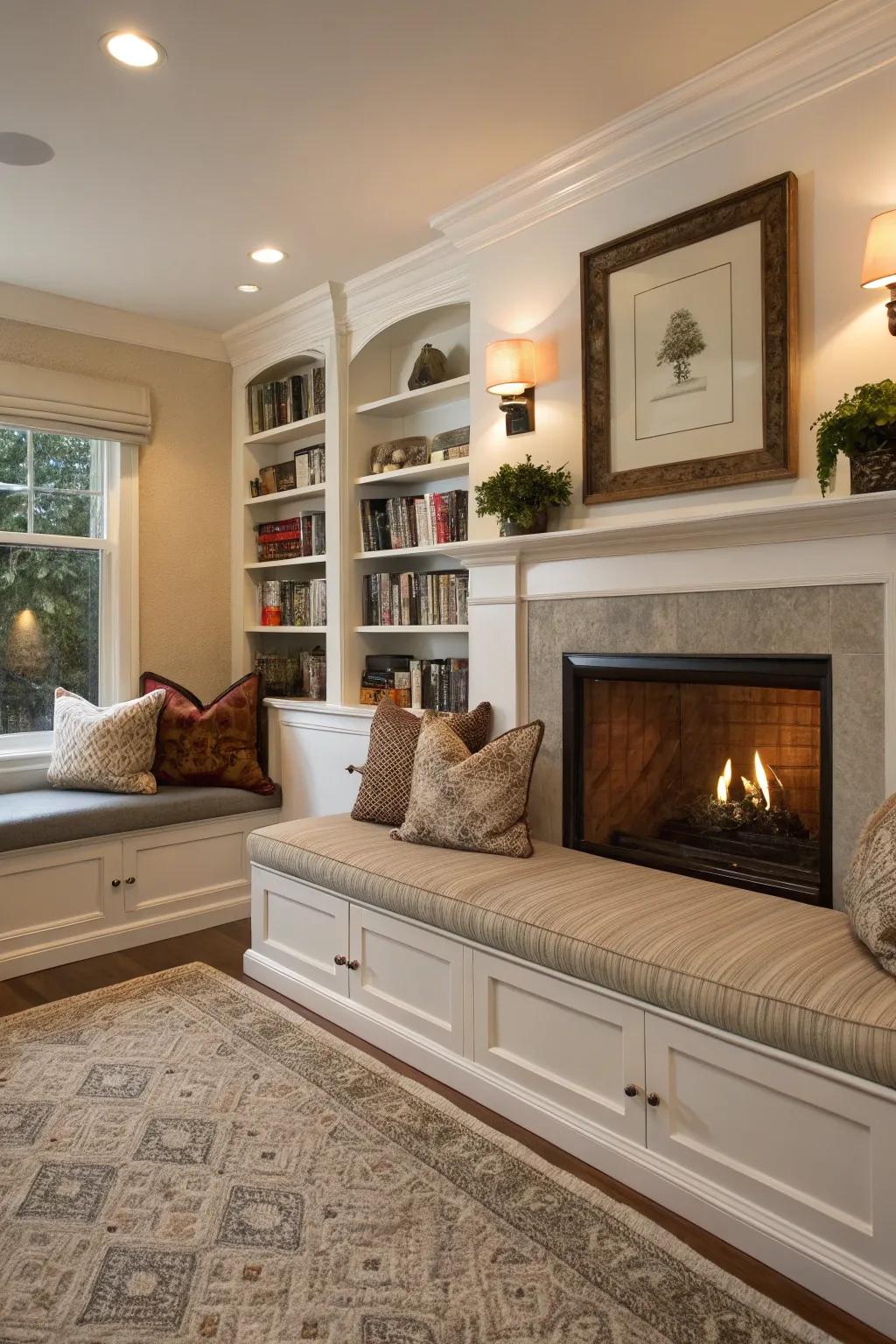 A built-in bench next to the fireplace providing cozy seating and warmth.