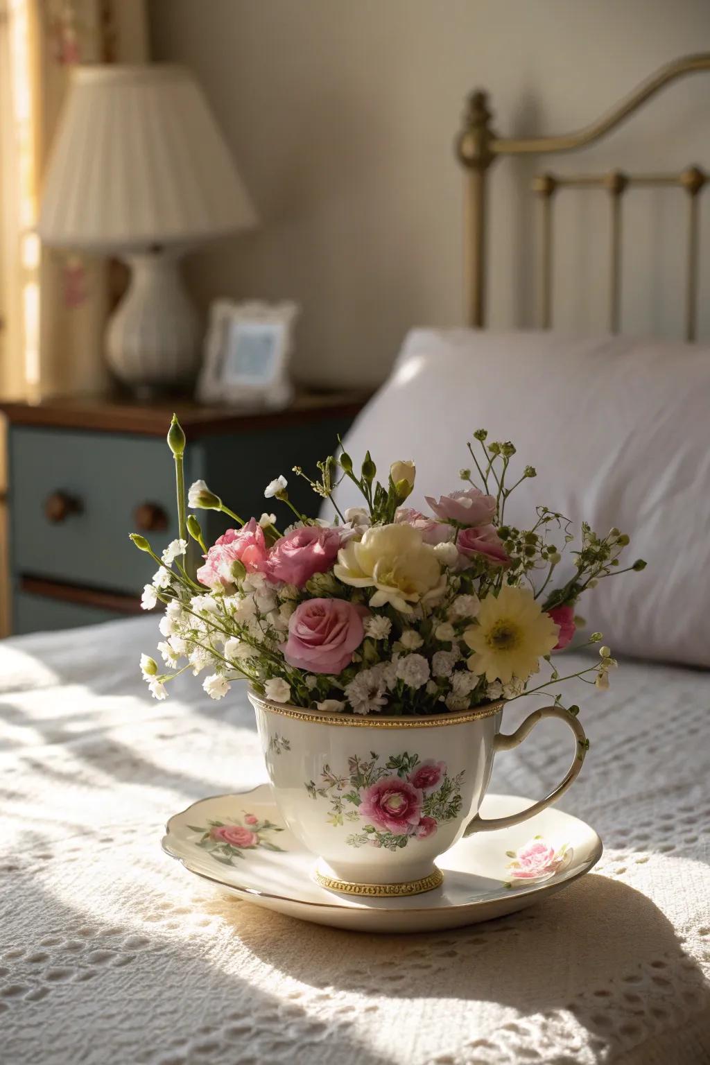 Charming floral arrangement in a vintage teacup.