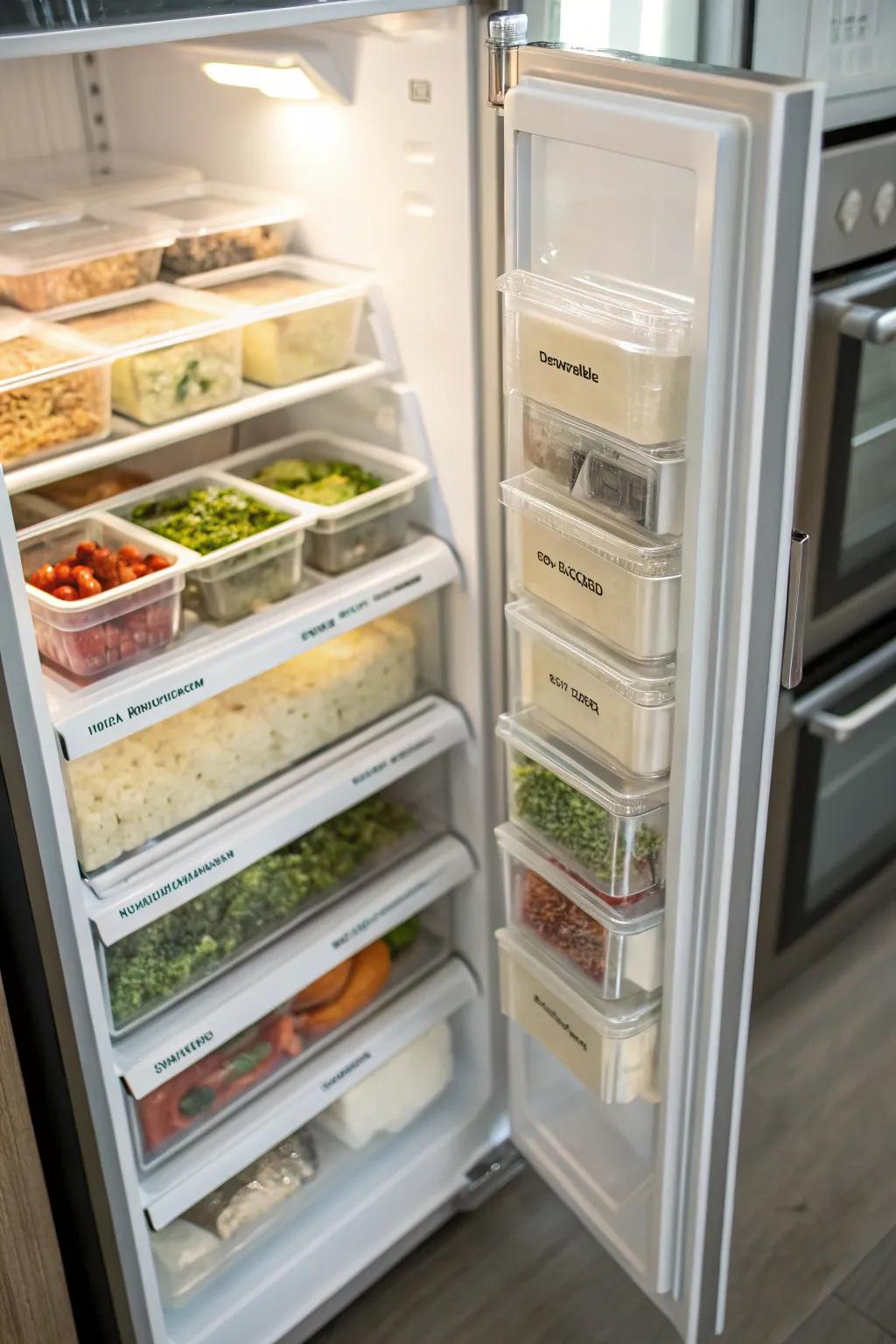 Dividers create orderly sections in upright freezers.