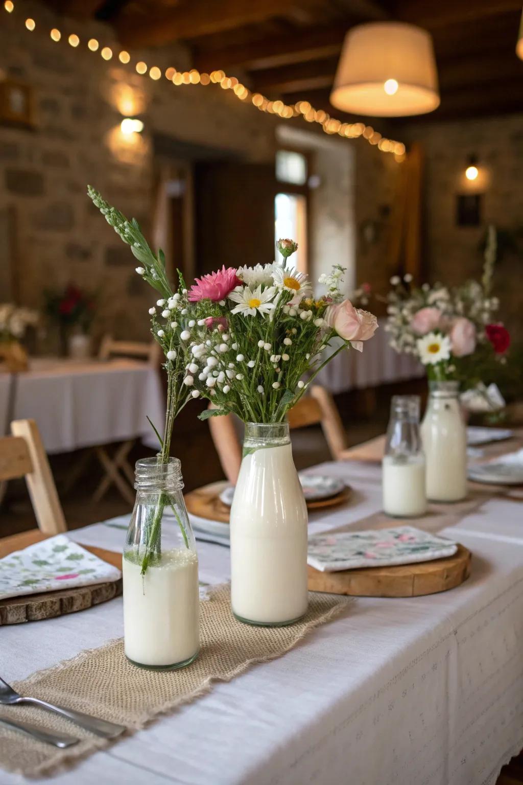 Vintage milk bottles serve as charming vases for flowers on this French table.