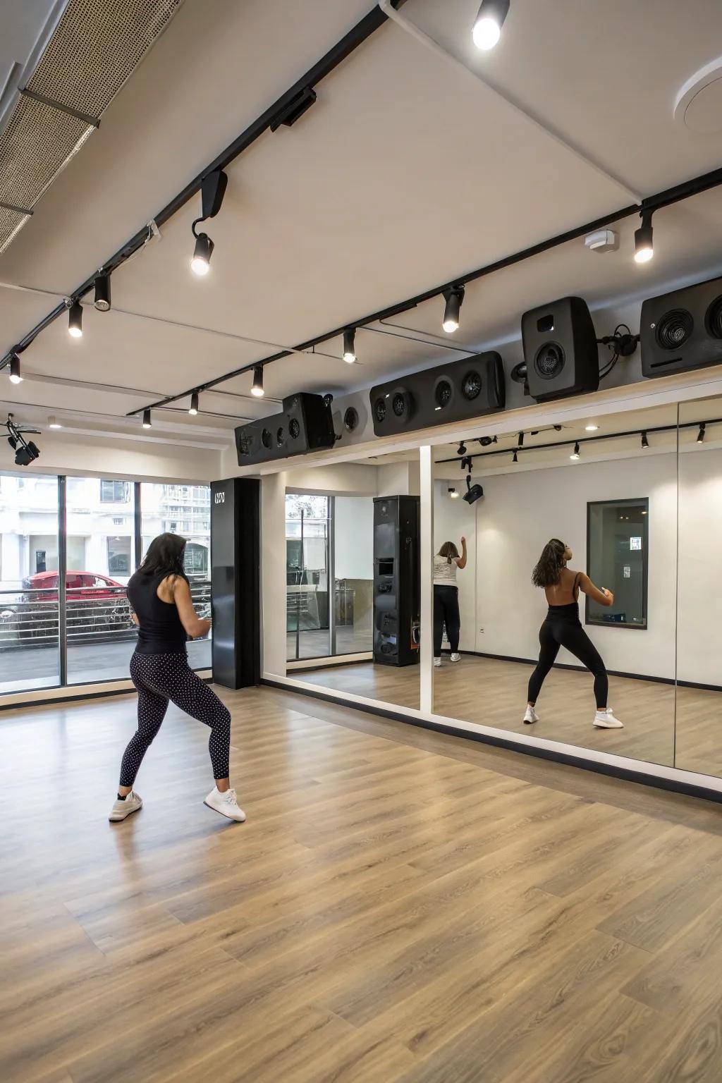 A vibrant dance studio designed within a converted garage.