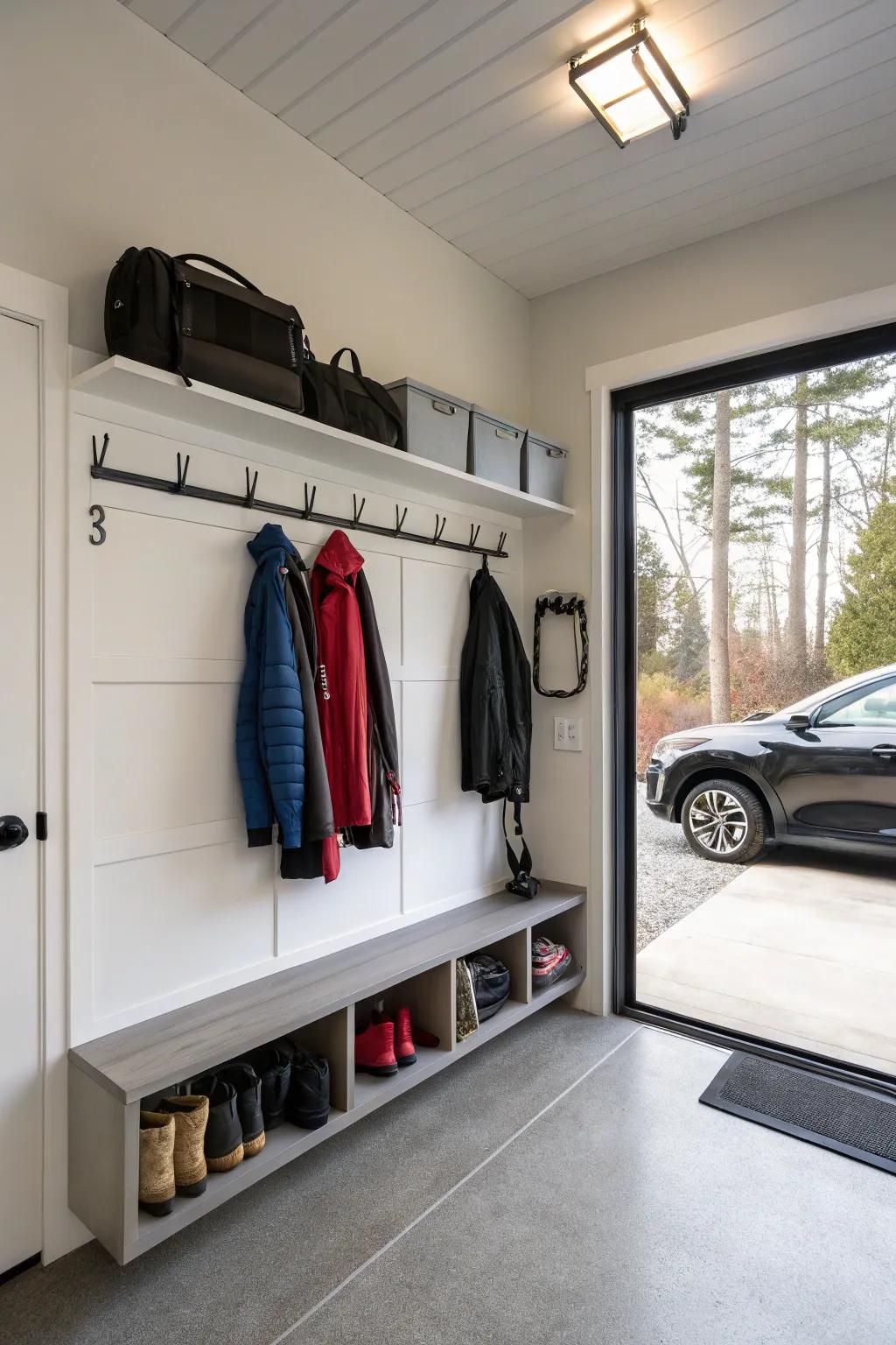 A wall-mounted coat rack keeps coats and jackets organized in a garage mudroom.