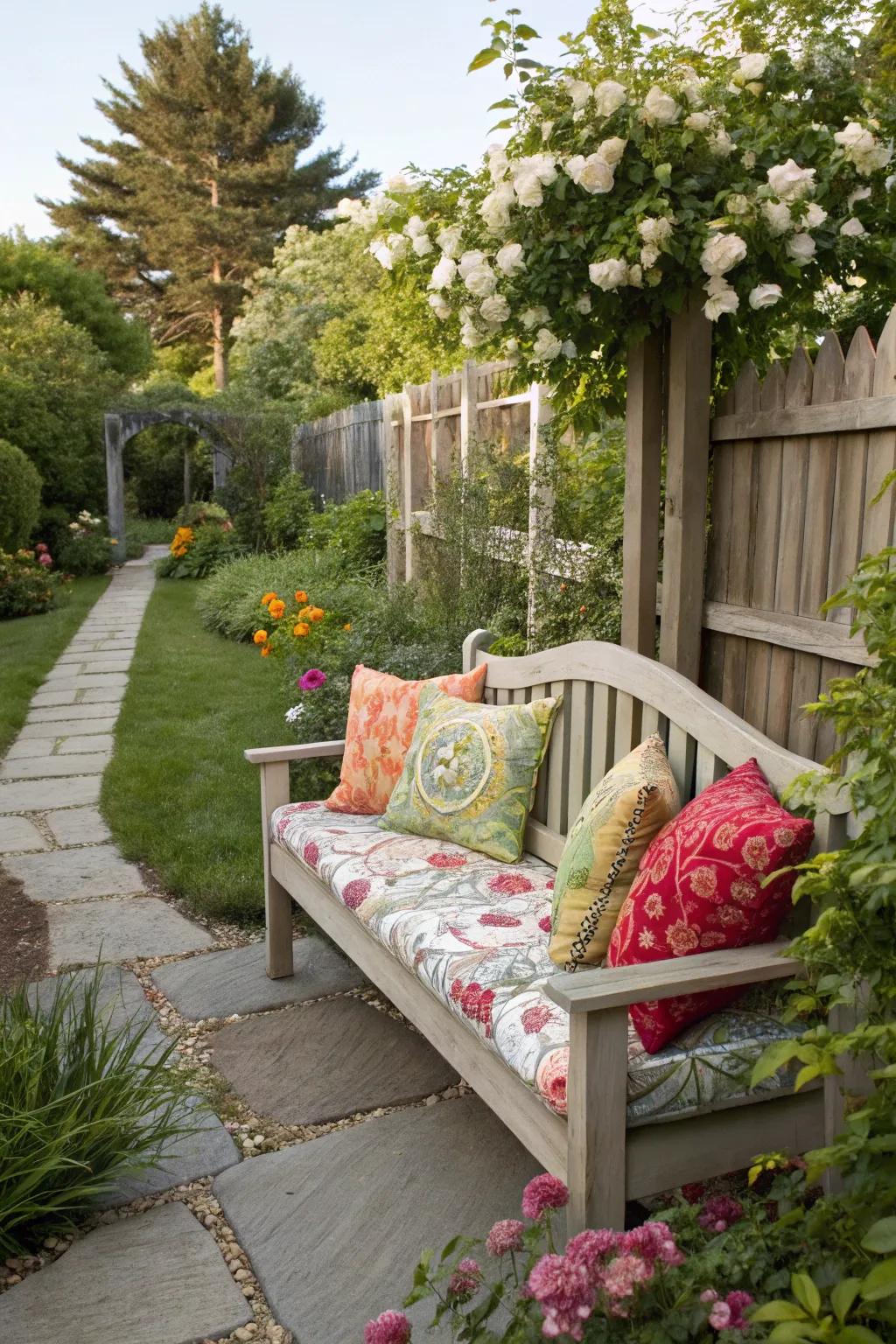 Creative seating options add versatility to your garden bench area.