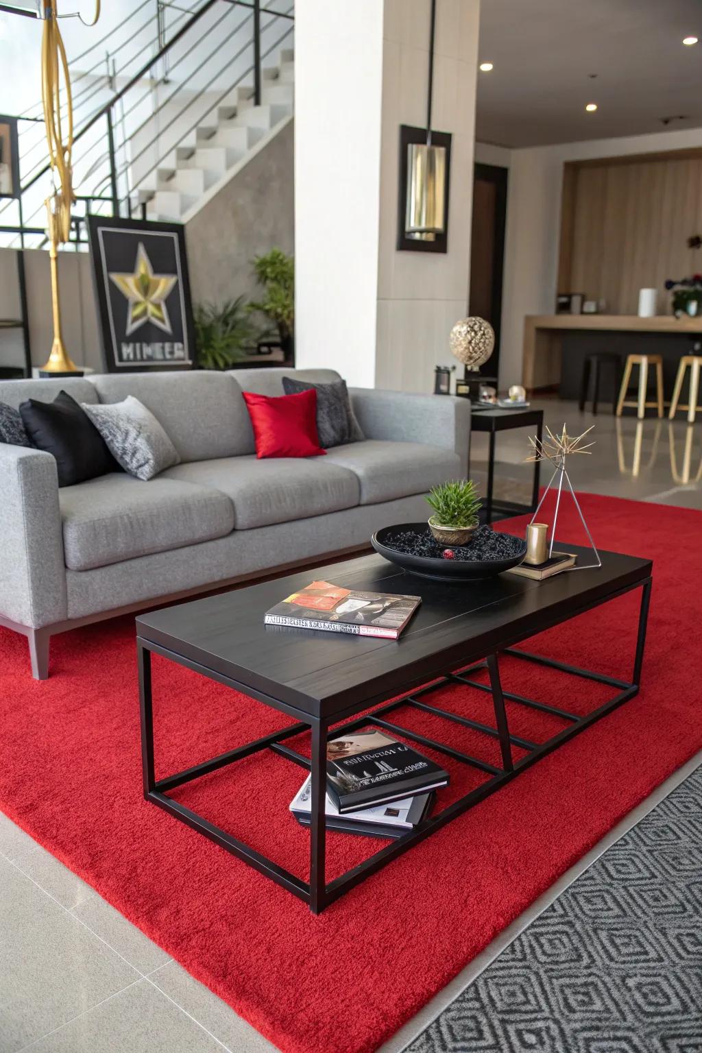 A red carpet emphasizes and anchors this living room's design.