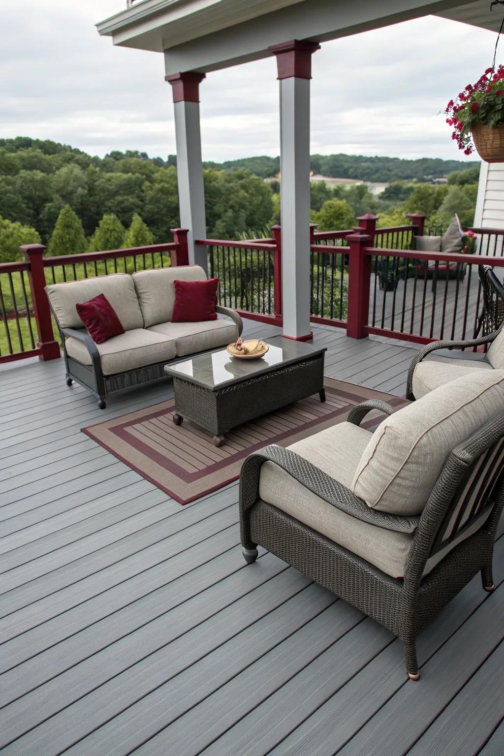 A grey deck with maroon accents for a cozy, inviting nook.