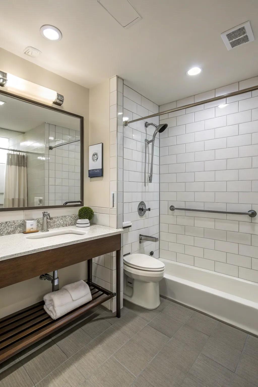 Accessibility features ensure comfort for all guests in this bathroom.