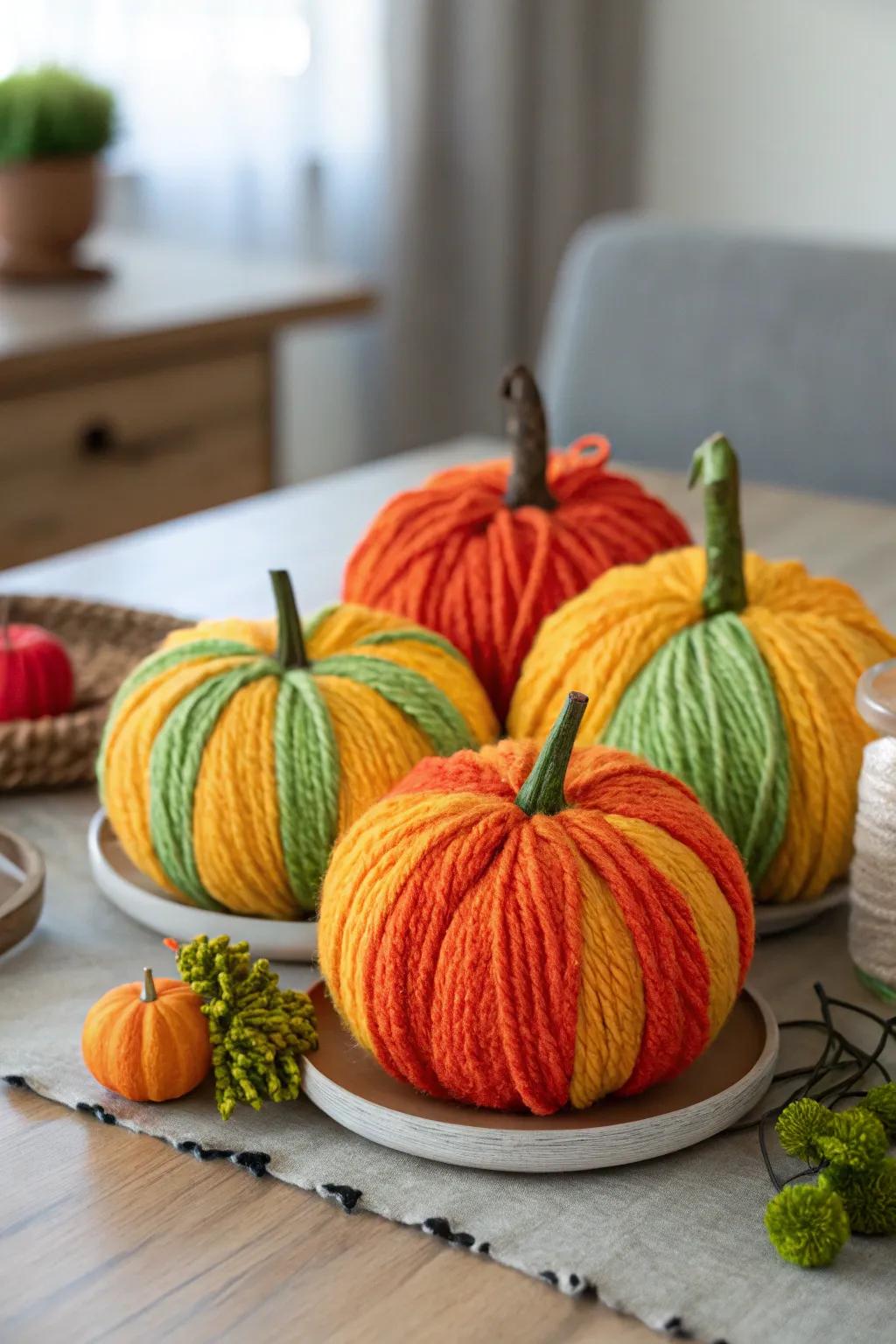 Yarn pumpkins add playful pops of color to the table.