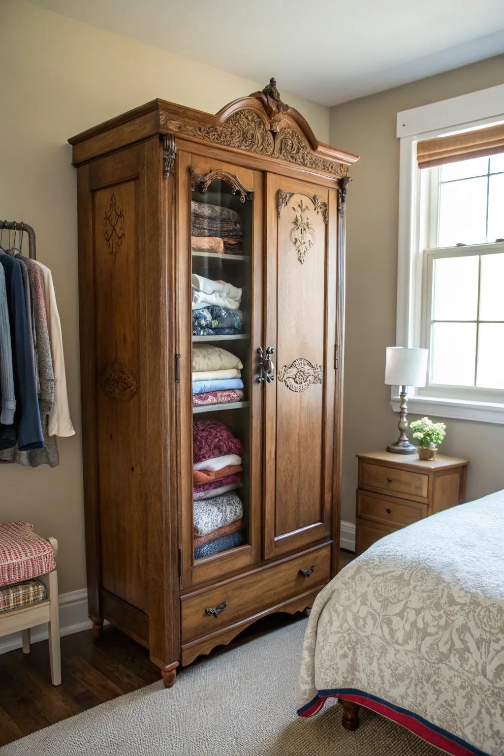 Vintage armoires provide elegant storage solutions with plenty of charm.