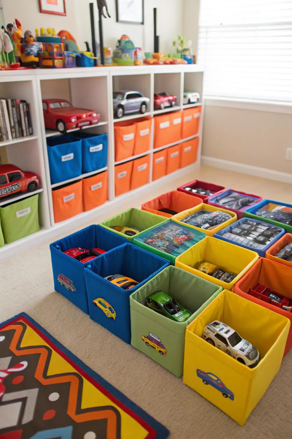 Fabric storage bins provide colorful Hot Wheels storage.