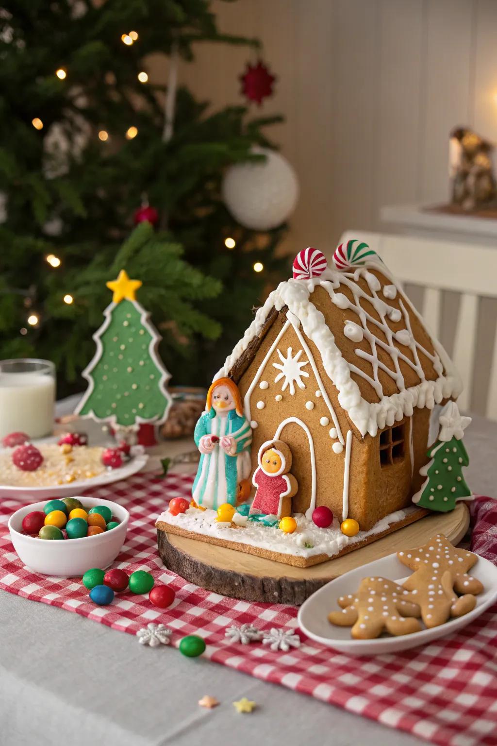 A gingerbread nativity scene combines holiday baking with festive decor.