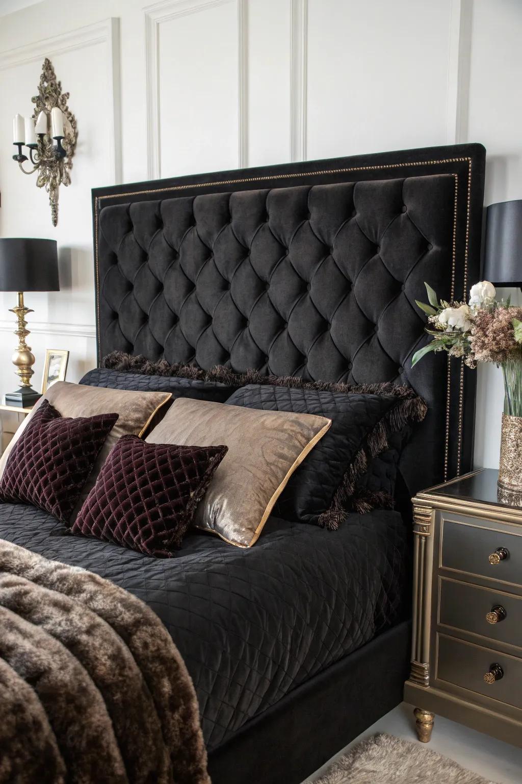 Velvet adds a plush and luxurious feel to this elegant black bedroom.