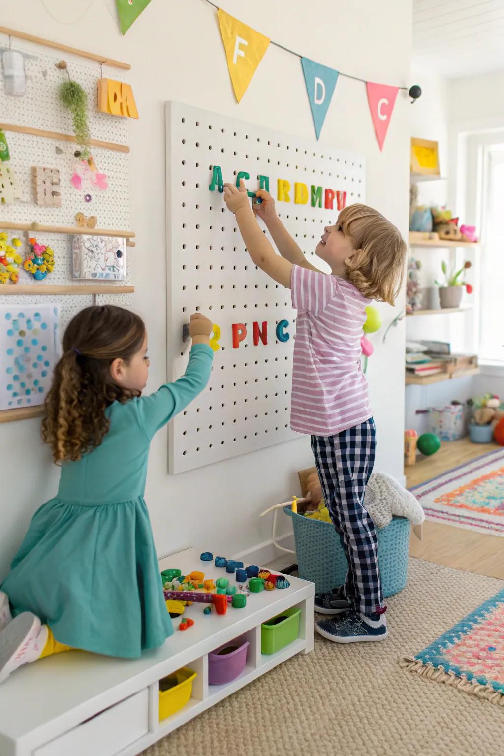 Hands-on learning with alphabet pegboards.