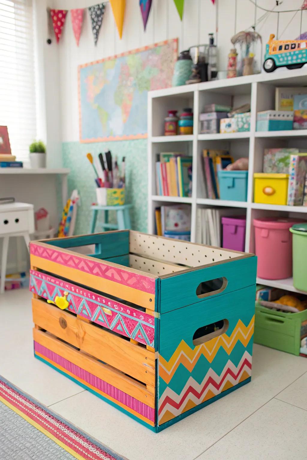 Painted wooden crates offer personalized and creative battery storage.