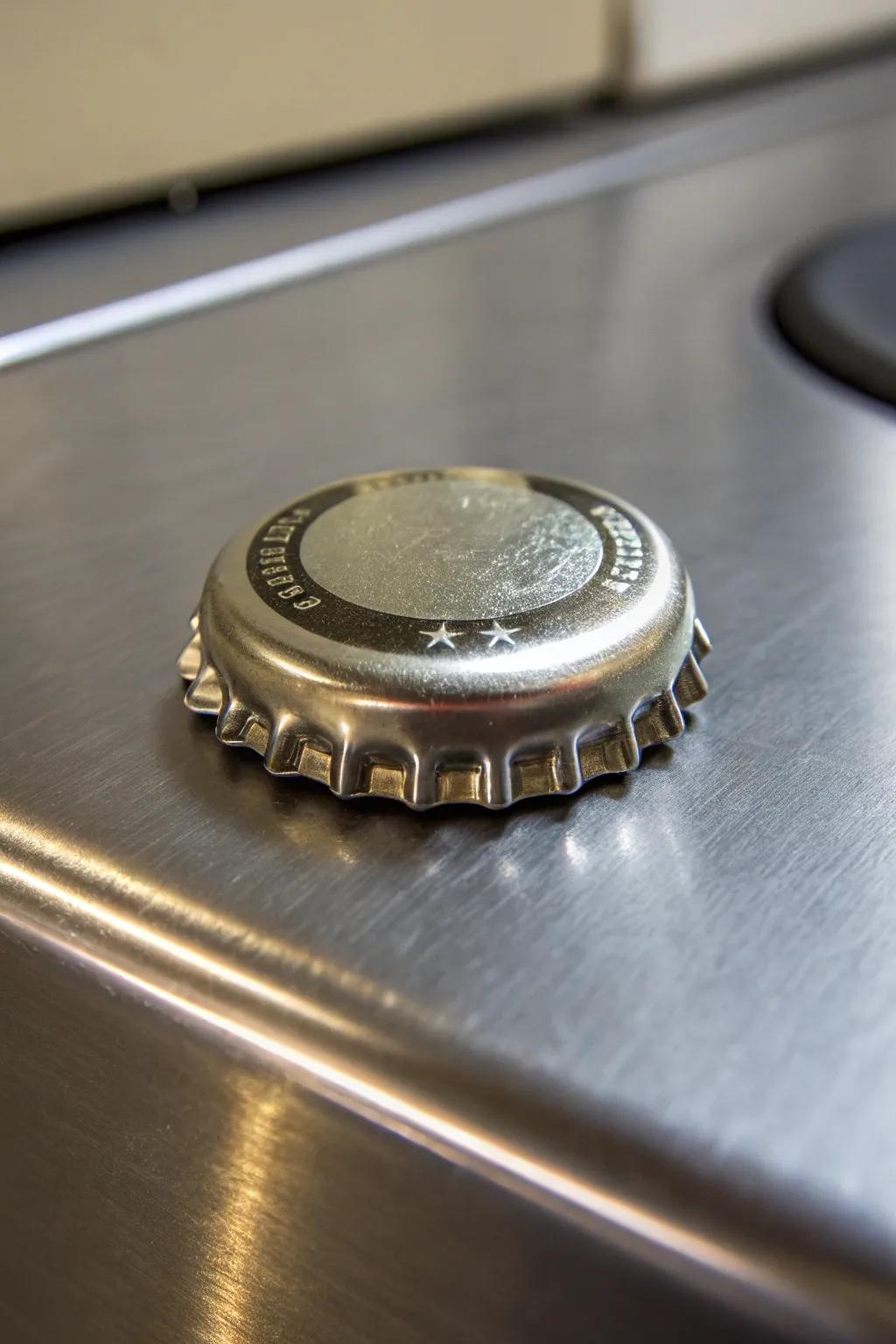 Metallic-themed bottle cap pins for a touch of glamour.