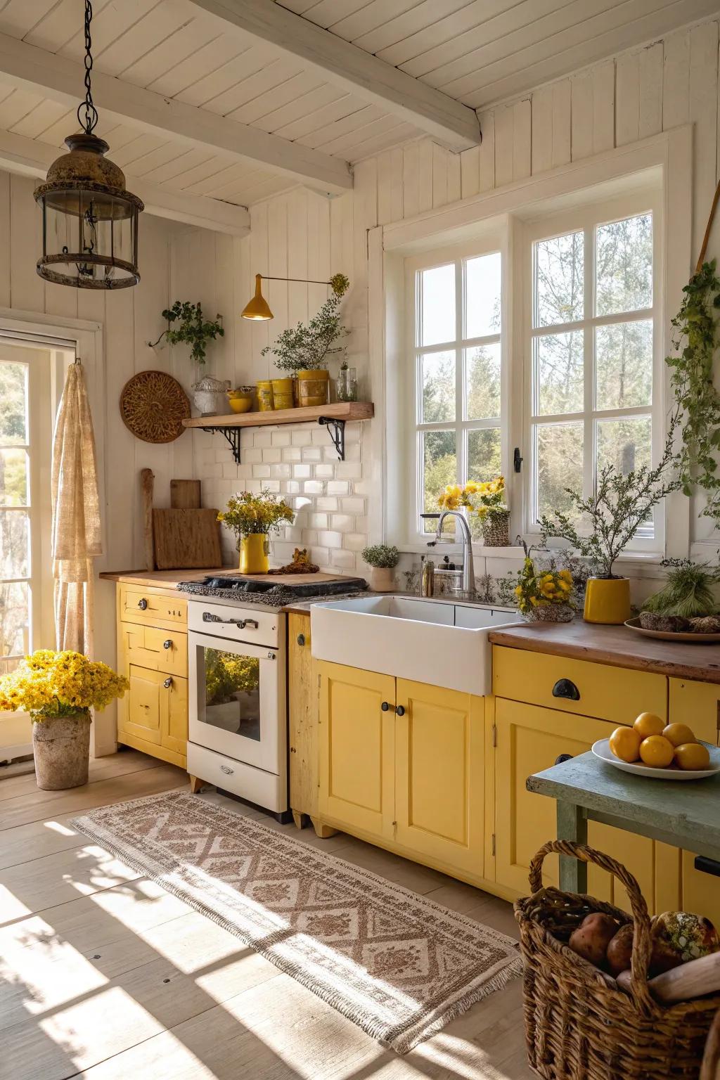 A sunny kitchen with rust and soft yellow accents.