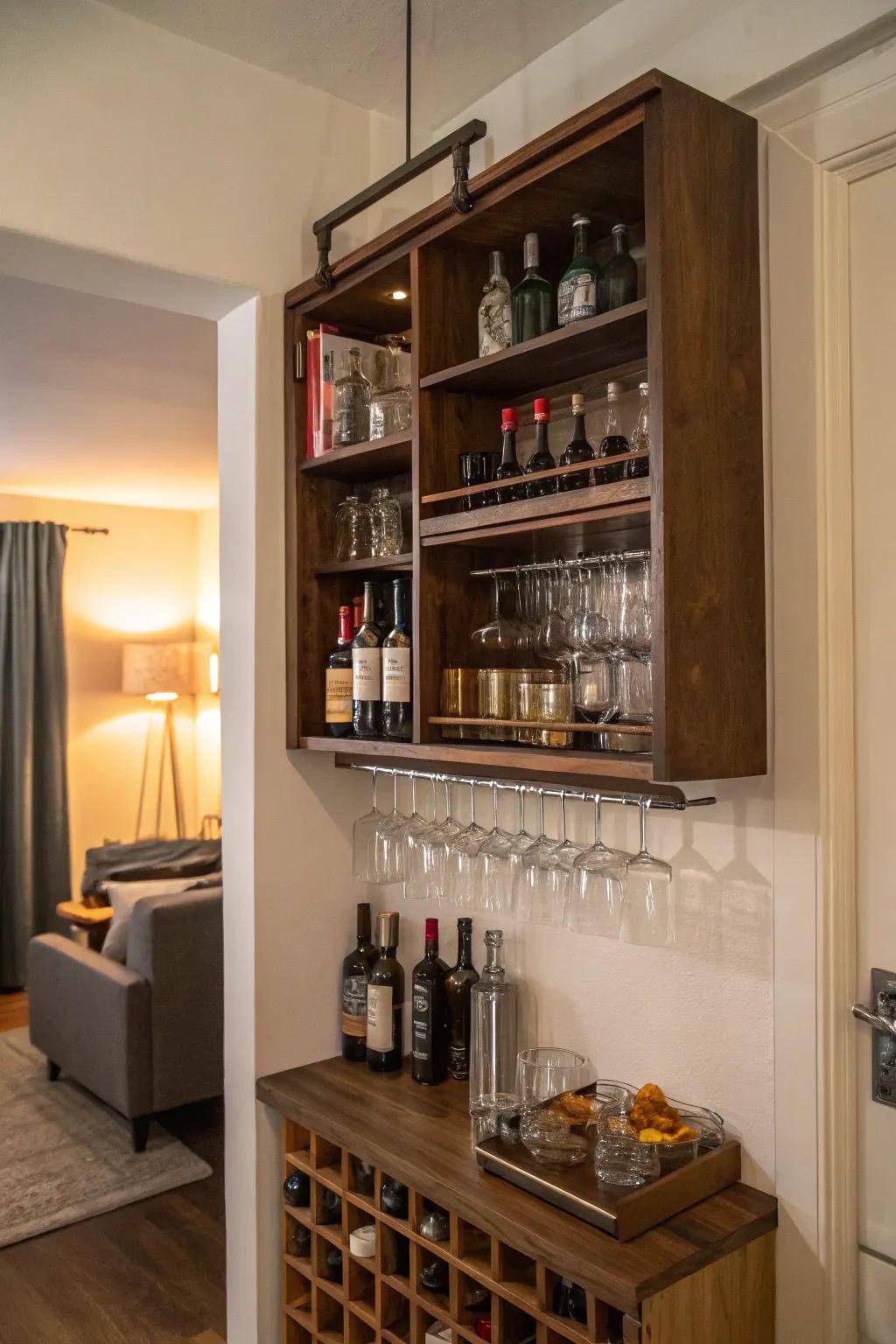 A hanging cabinet maximizes space while keeping liquor organized.