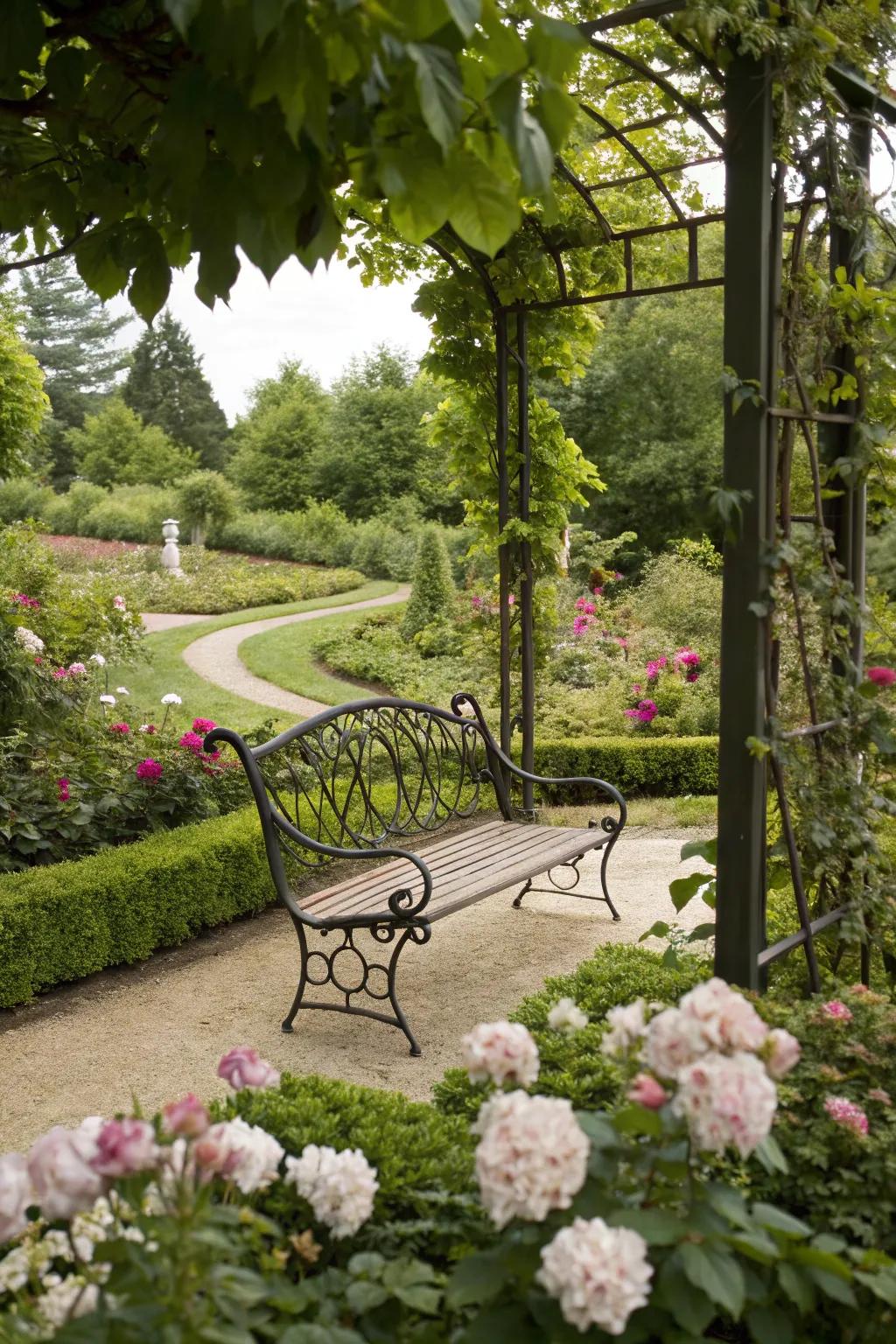 A chic garden bench that offers a perfect spot to relax.