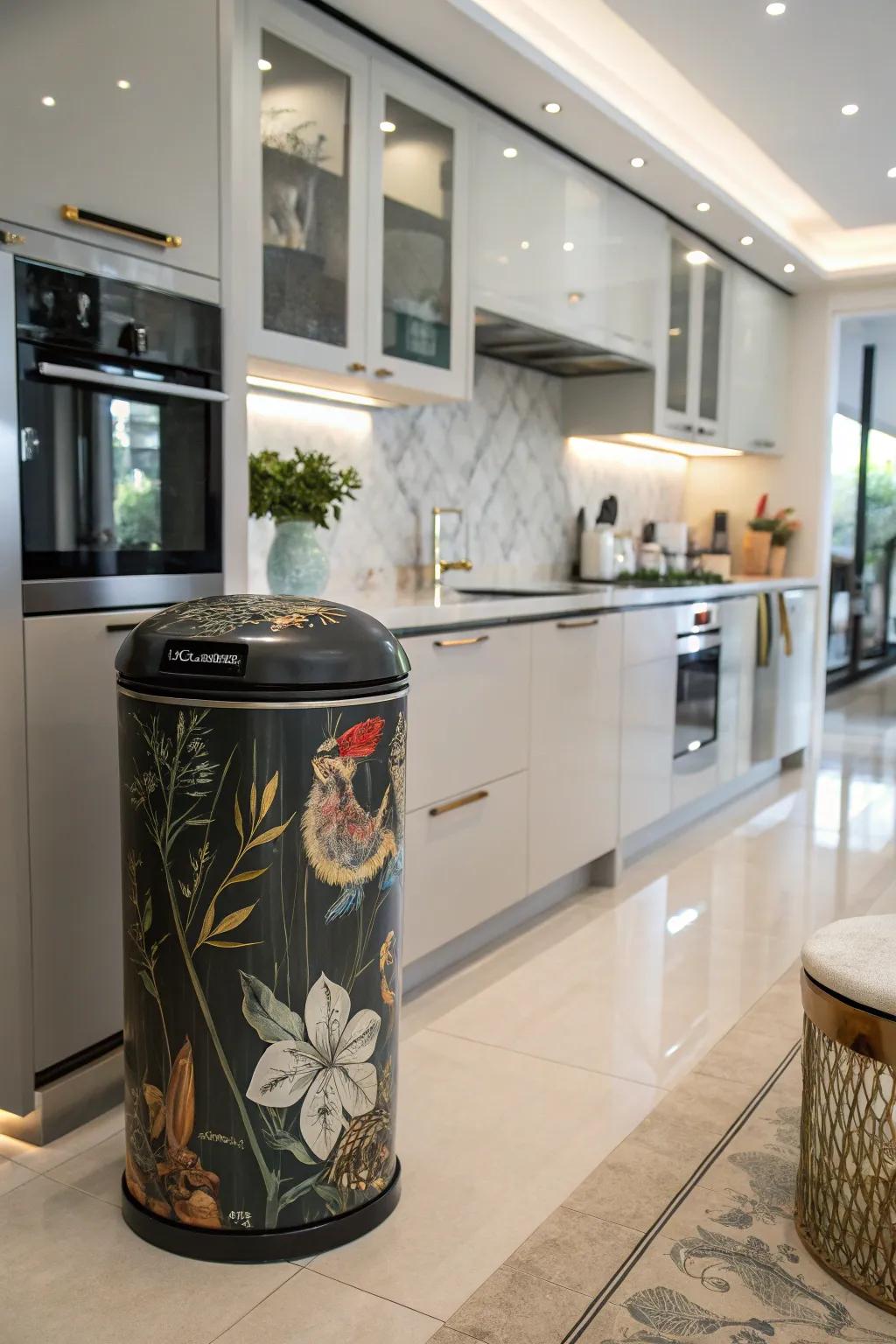 A designer trash can turning practicality into art in the kitchen.